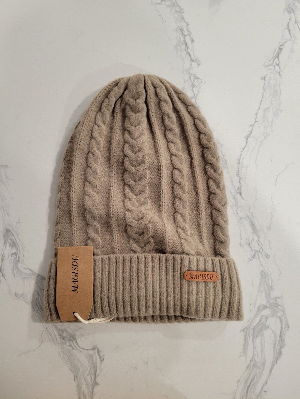 Magisdu Cozy Minimalist Taupe Cable Knit Merino-Wool Blend Unisex Beanie Large